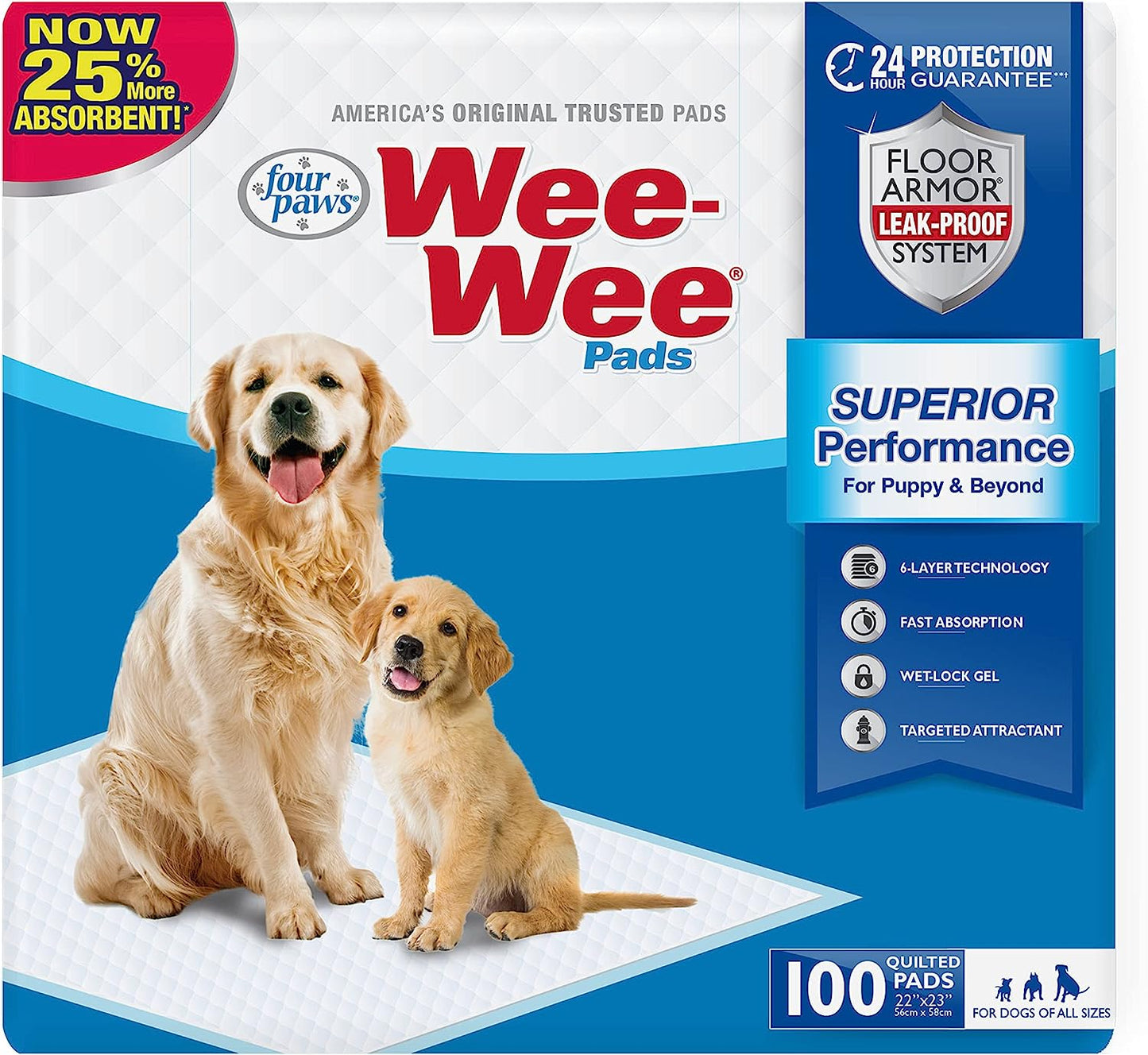 Wee-Wee Superior Performance Unscented Pee Pads for Dogs & Puppies, Quilted Leak-Proof Dog Housebreaking Potty Training Floor Protection, 22" X 23", 100 Count
