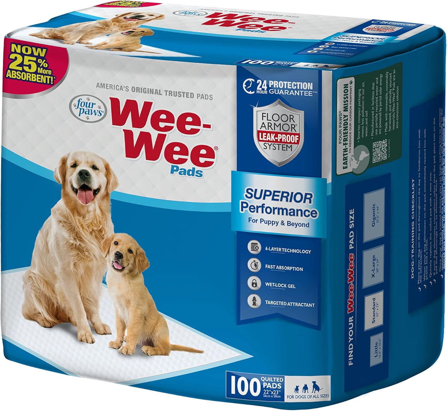 Wee-Wee Superior Performance Unscented Pee Pads for Dogs & Puppies, Quilted Leak-Proof Dog Housebreaking Potty Training Floor Protection, 22" X 23", 100 Count