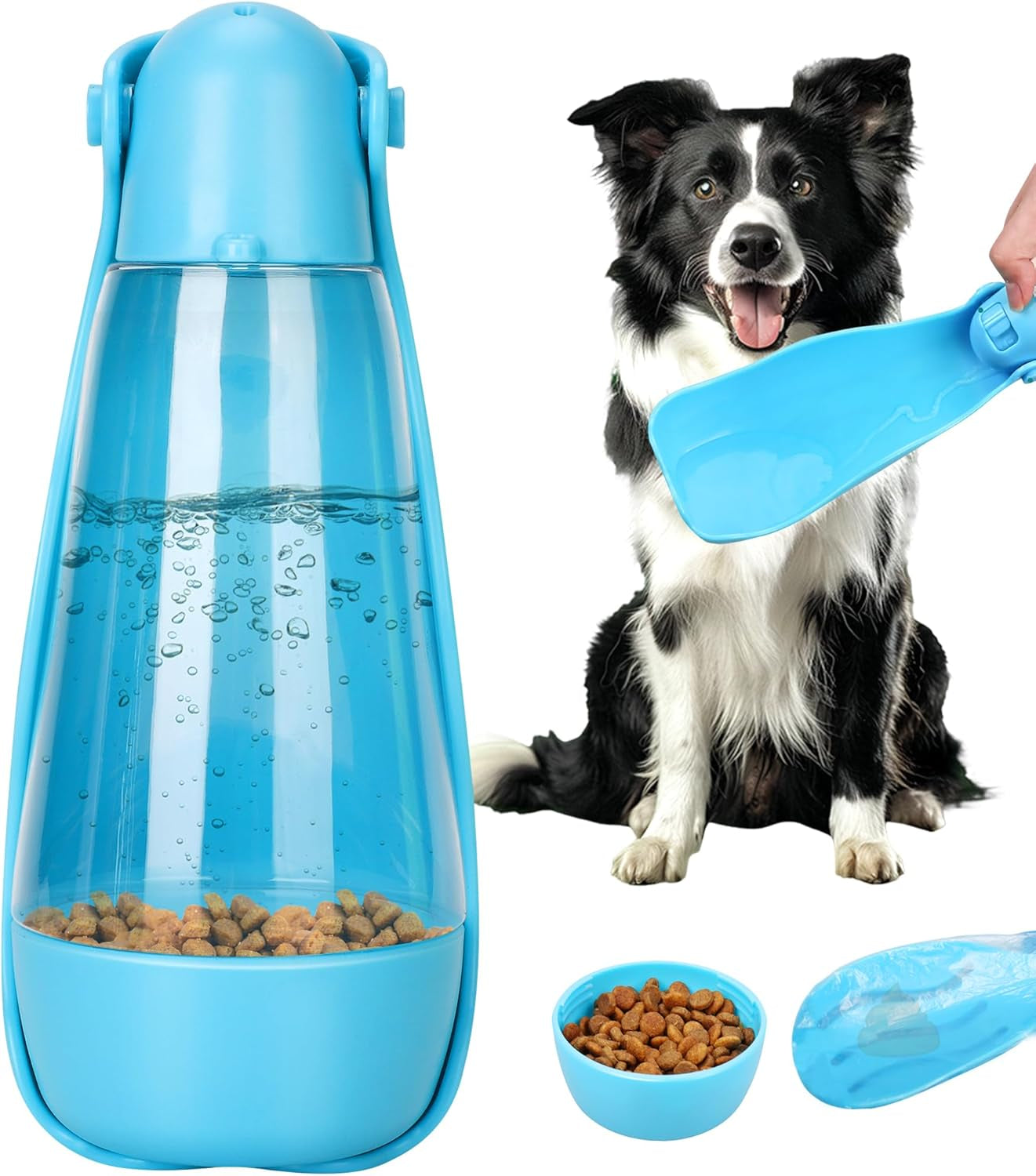 Dog Water Bottle | Portable & Foldable Dog Water Bottle | 3-In-1 Portable Pet Water Dispenser with Food Container & Poop Scooper for Outdoor Walking, Hiking & Travel,14.2Oz(Blue)
