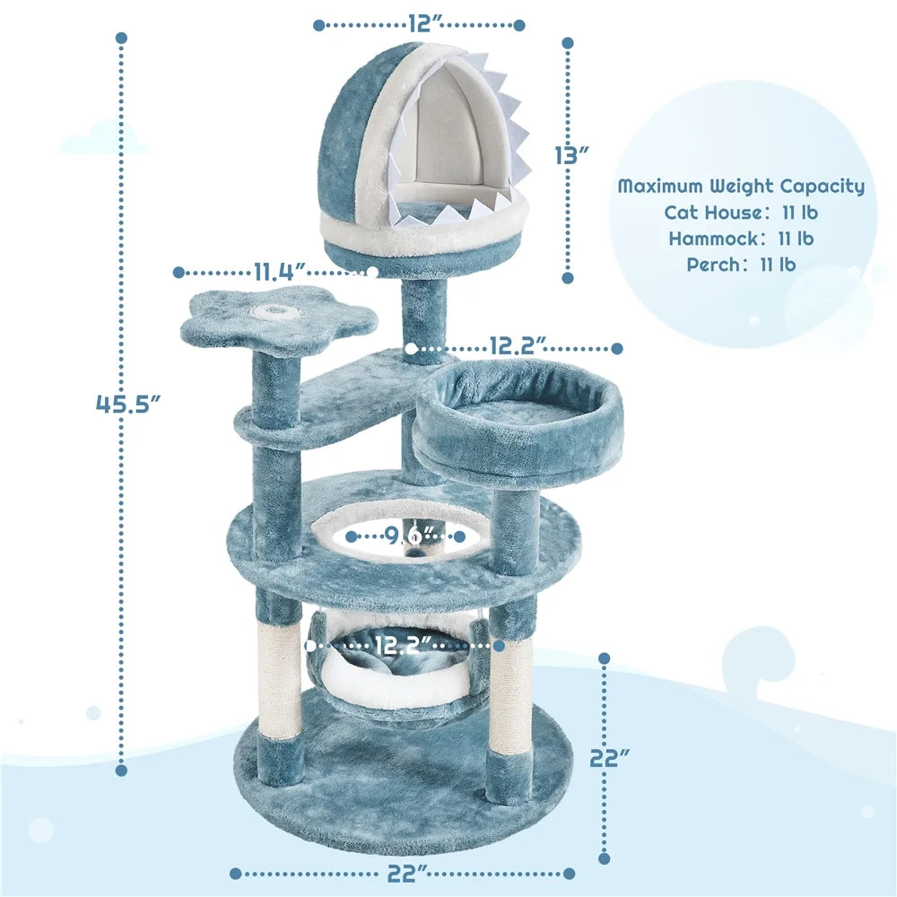 45''H Multi-Level Ocean-Themed Cat Tower with Scratching Posts & Hammock, Blue