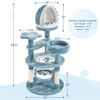 45''H Multi-Level Ocean-Themed Cat Tower with Scratching Posts & Hammock, Blue