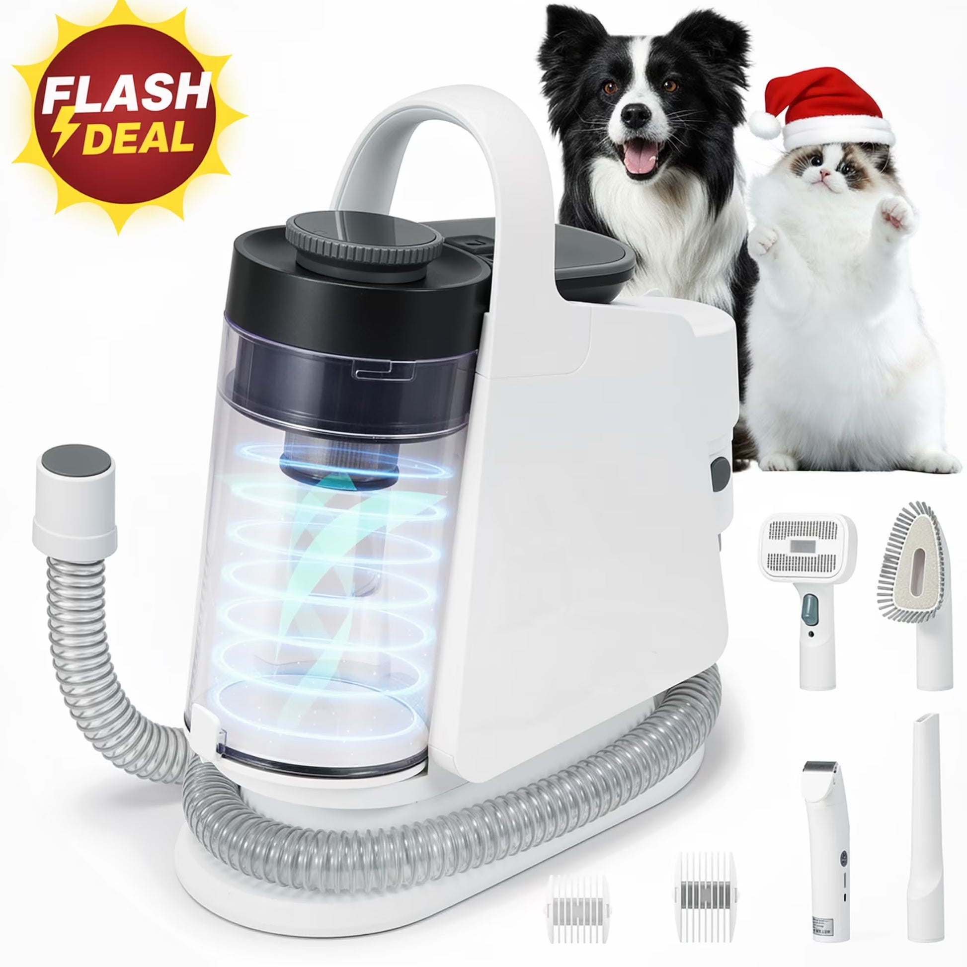 Pet Grooming Vaccum Kit, 5 in 1 Groom Kit for Dog/Cat ,With 6 Tools, 2L Large Dust Bin, 3 Sunction Modes, White