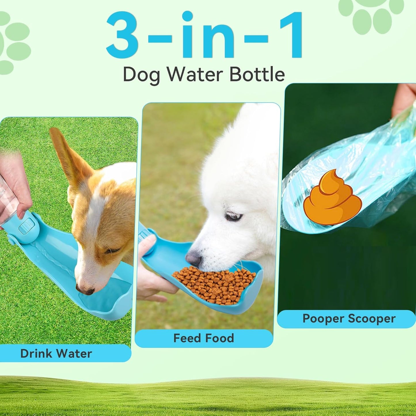 Dog Water Bottle | Portable & Foldable Dog Water Bottle | 3-In-1 Portable Pet Water Dispenser with Food Container & Poop Scooper for Outdoor Walking, Hiking & Travel,14.2Oz(Blue)