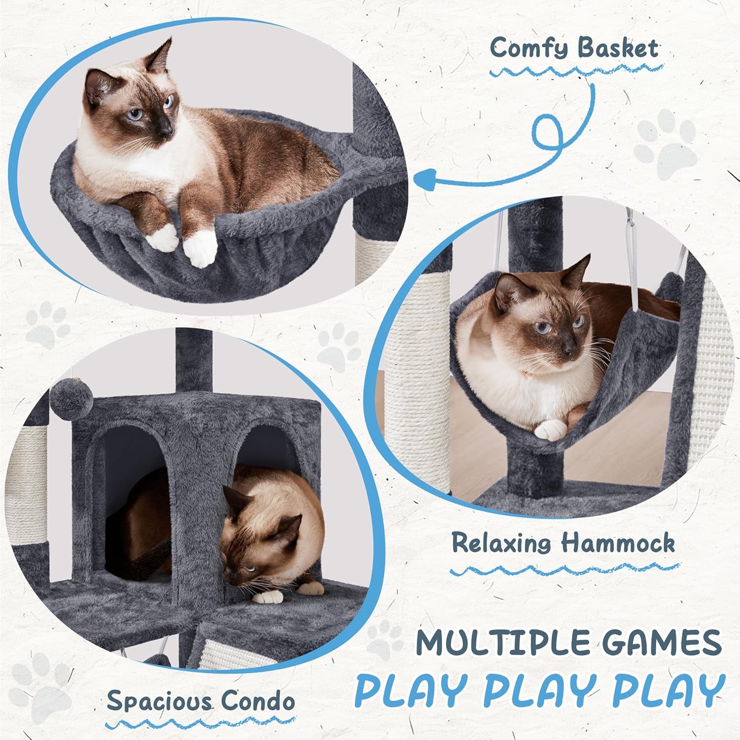 Cat Tree Tower, 40-Inch Condo with Hammock, Oversized Soft Platform, Scratching Board, Basket, Pet Beds & Furniture for Large Kittens, Dark Gray