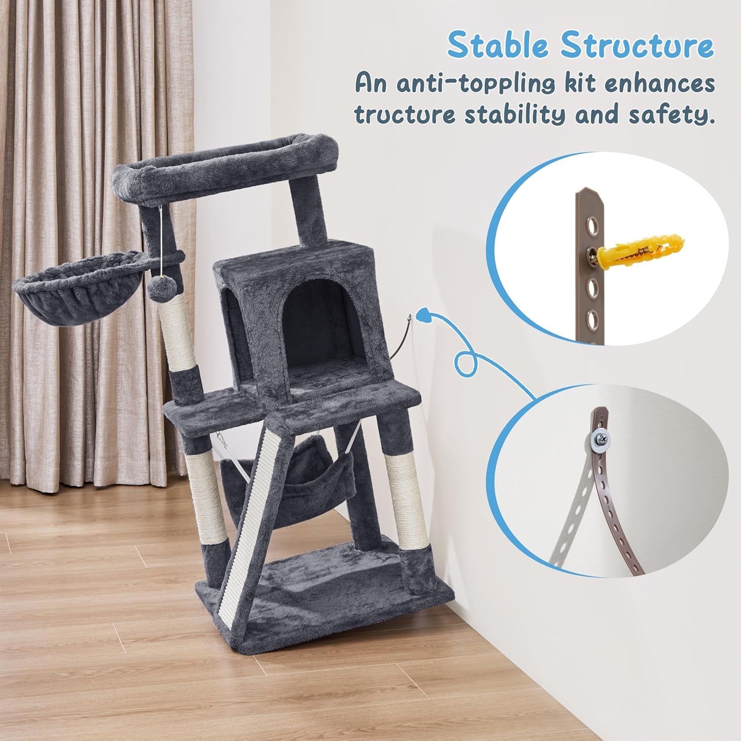 Cat Tree Tower, 40-Inch Condo with Hammock, Oversized Soft Platform, Scratching Board, Basket, Pet Beds & Furniture for Large Kittens, Dark Gray