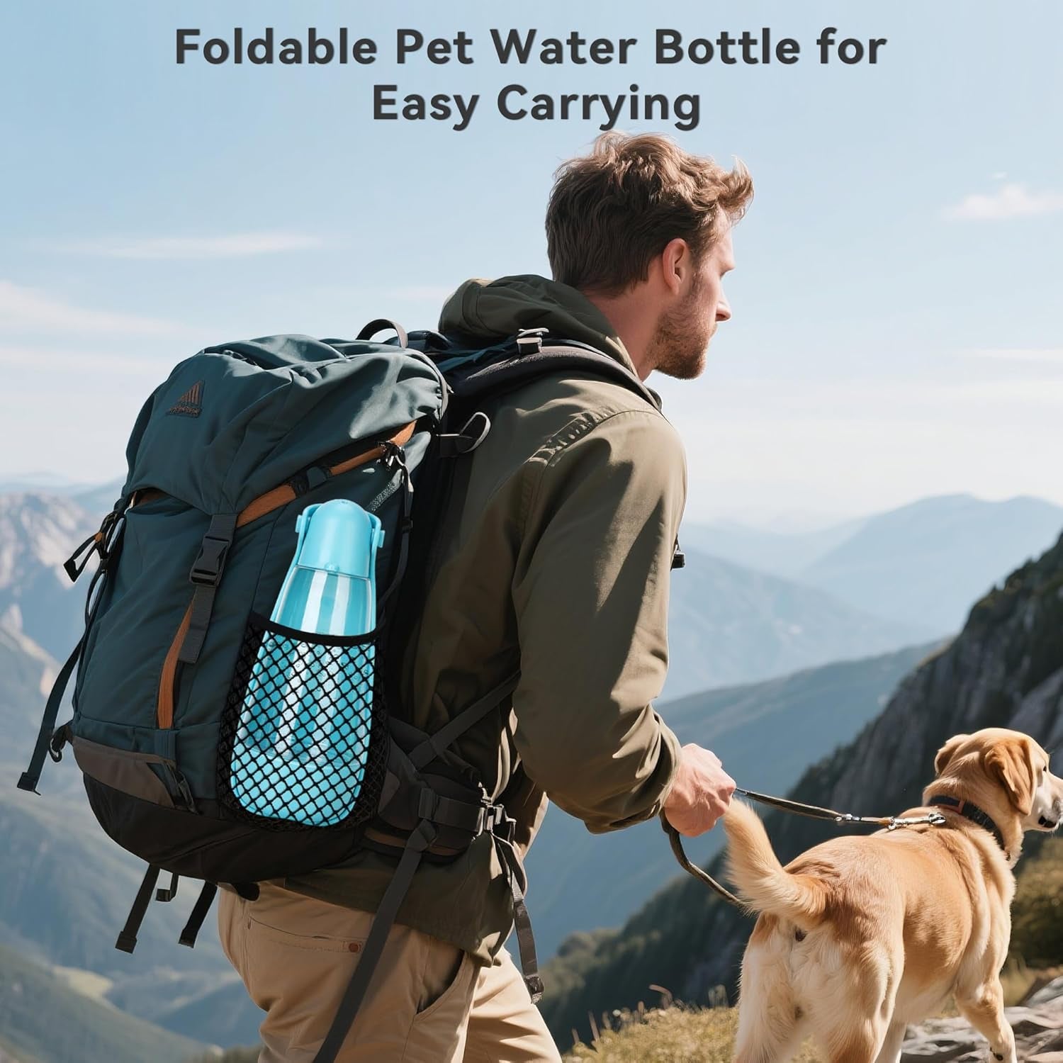 Dog Water Bottle | Portable & Foldable Dog Water Bottle | 3-In-1 Portable Pet Water Dispenser with Food Container & Poop Scooper for Outdoor Walking, Hiking & Travel,14.2Oz(Blue)