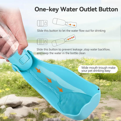 Dog Water Bottle | Portable & Foldable Dog Water Bottle | 3-In-1 Portable Pet Water Dispenser with Food Container & Poop Scooper for Outdoor Walking, Hiking & Travel,14.2Oz(Blue)