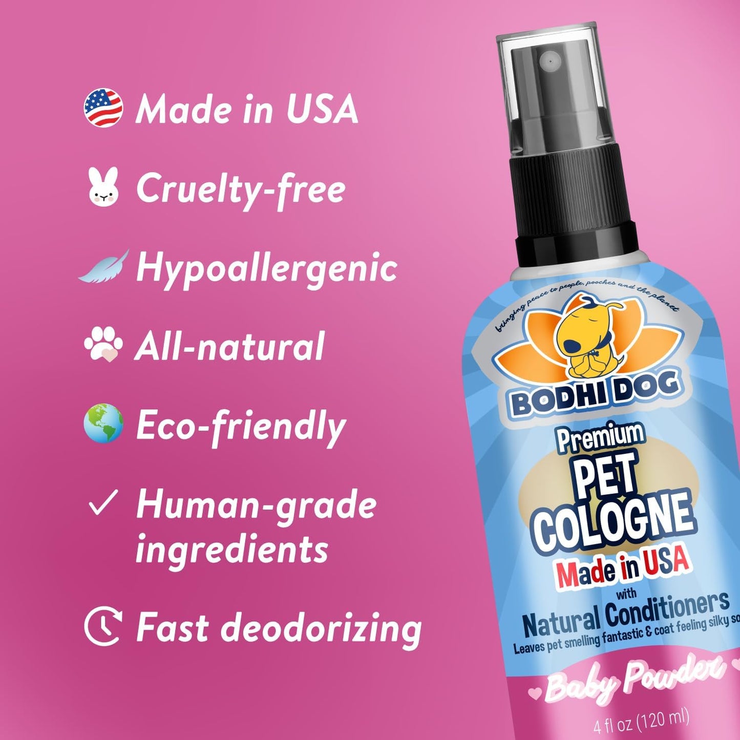 Premium Dog Cologne - Deodorizing Dog Perfume & Conditioner for Dogs & Cats - Natural Long Lasting Spray - Keeps Pets Fresh All Day - Gentle & Safe Formula, Made in USA (Baby Powder 4 Fl Oz)