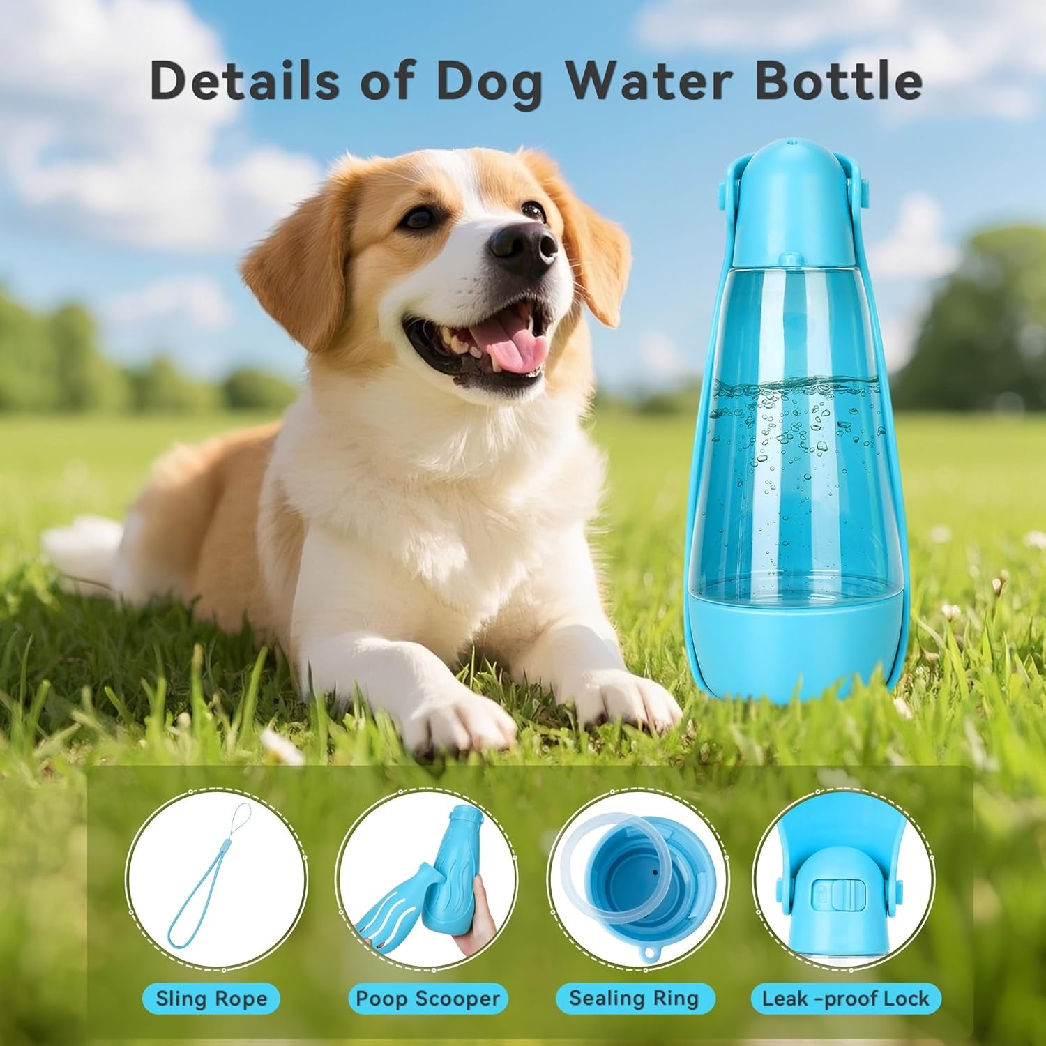 Dog Water Bottle | Portable & Foldable Dog Water Bottle | 3-In-1 Portable Pet Water Dispenser with Food Container & Poop Scooper for Outdoor Walking, Hiking & Travel,14.2Oz(Blue)
