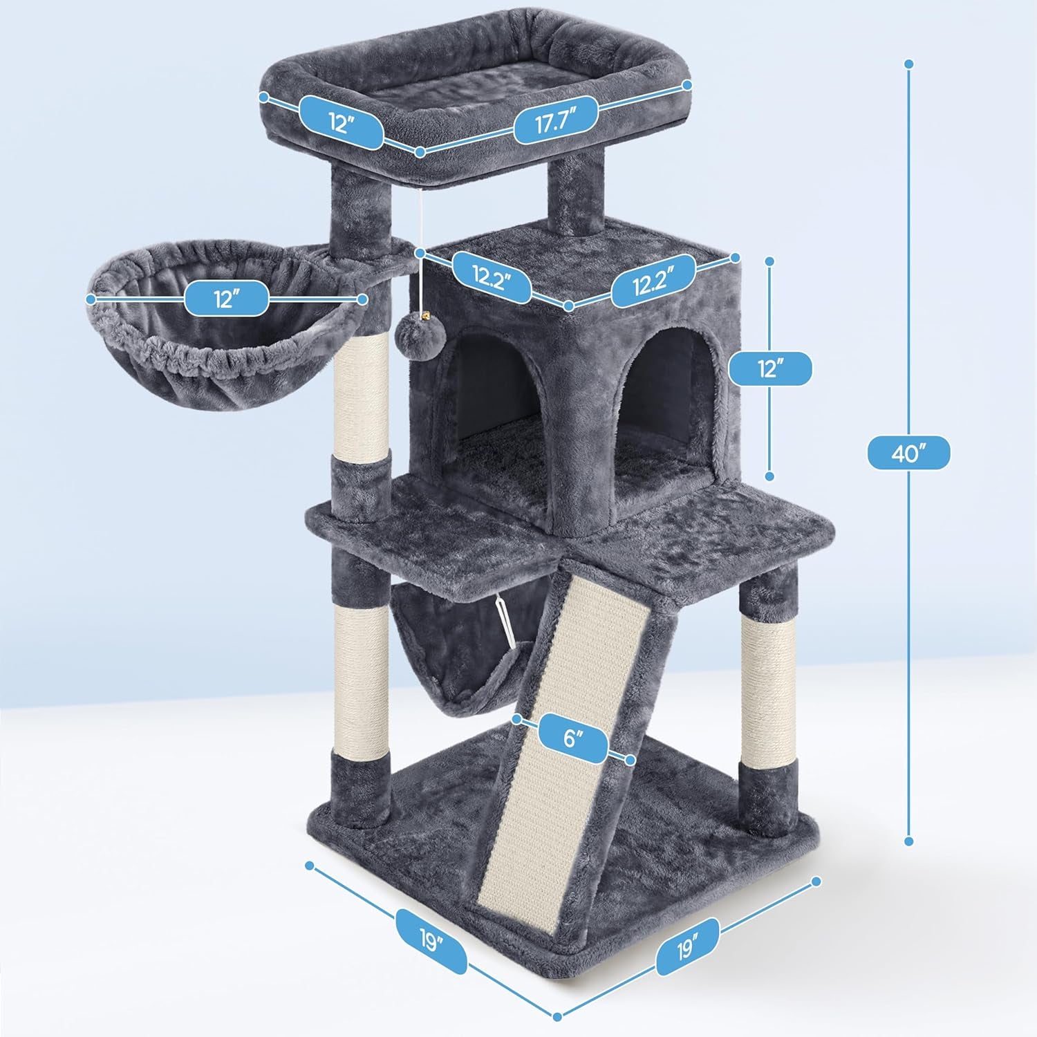 Cat Tree Tower, 40-Inch Condo with Hammock, Oversized Soft Platform, Scratching Board, Basket, Pet Beds & Furniture for Large Kittens, Dark Gray