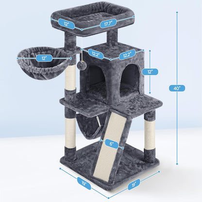 Cat Tree Tower, 40-Inch Condo with Hammock, Oversized Soft Platform, Scratching Board, Basket, Pet Beds & Furniture for Large Kittens, Dark Gray