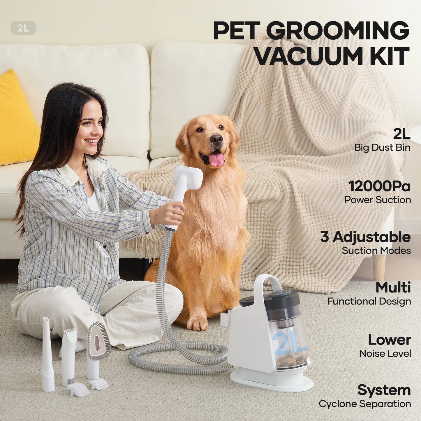 Pet Grooming Vaccum Kit, 5 in 1 Groom Kit for Dog/Cat ,With 6 Tools, 2L Large Dust Bin, 3 Sunction Modes, White
