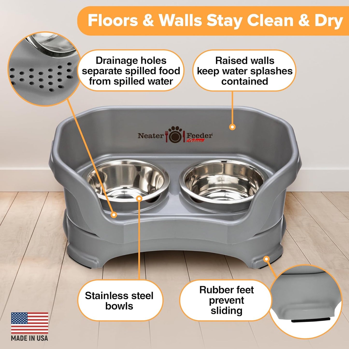 Neater Feeder Deluxe Mess Proof Dog Bowls Elevated for Small Dogs under 19 Lbs, Made in USA, No Spill Raised Dog Food Bowl Stand Feeding Station, Food and Water Bowl Set, Grey