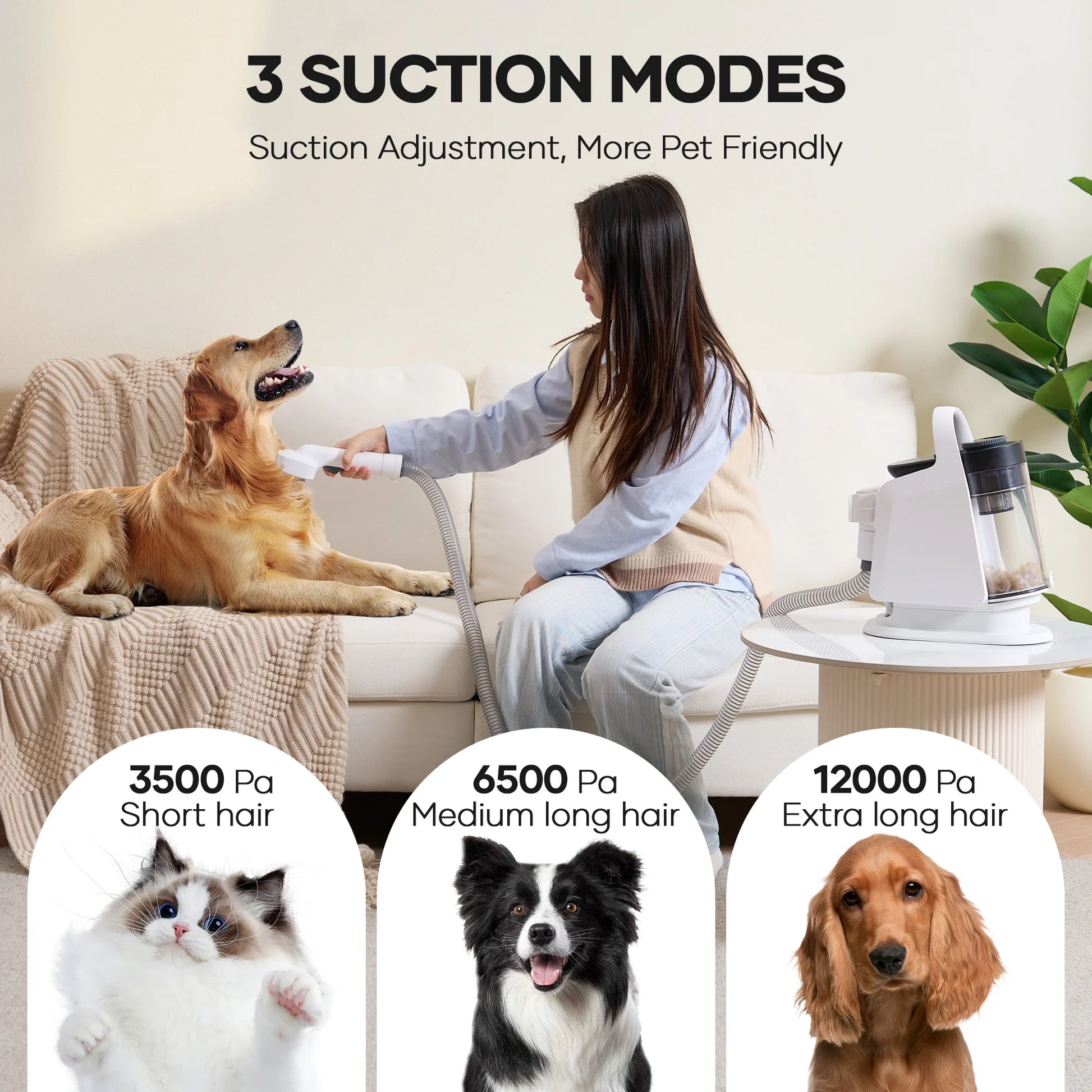 Pet Grooming Vaccum Kit, 5 in 1 Groom Kit for Dog/Cat ,With 6 Tools, 2L Large Dust Bin, 3 Sunction Modes, White