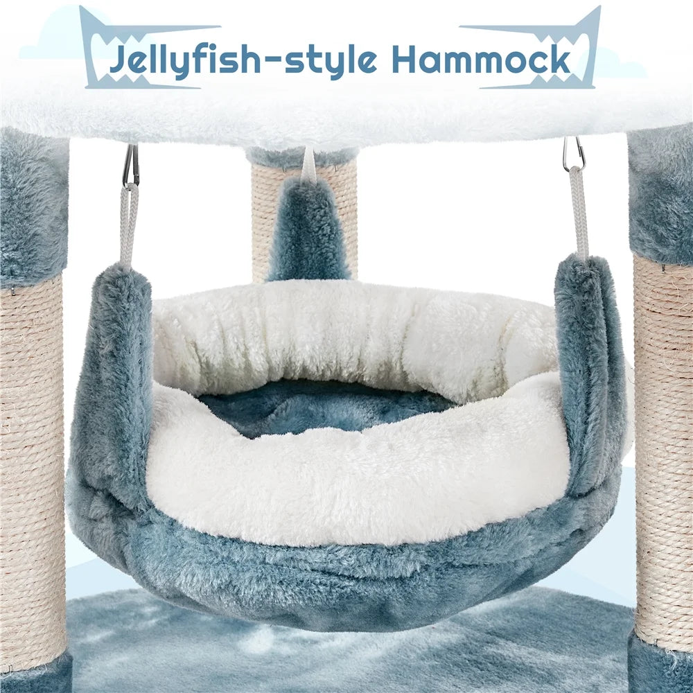 45''H Multi-Level Ocean-Themed Cat Tower with Scratching Posts & Hammock, Blue