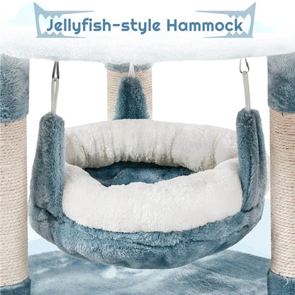 45''H Multi-Level Ocean-Themed Cat Tower with Scratching Posts & Hammock, Blue