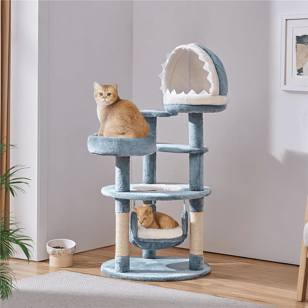 45''H Multi-Level Ocean-Themed Cat Tower with Scratching Posts & Hammock, Blue