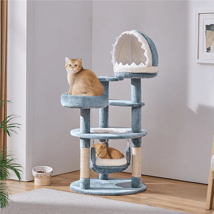 45''H Multi-Level Ocean-Themed Cat Tower with Scratching Posts & Hammock, Blue
