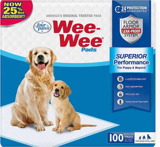 Wee-Wee Superior Performance Unscented Pee Pads for Dogs & Puppies, Quilted Leak-Proof Dog Housebreaking Potty Training Floor Protection, 22" X 23", 100 Count