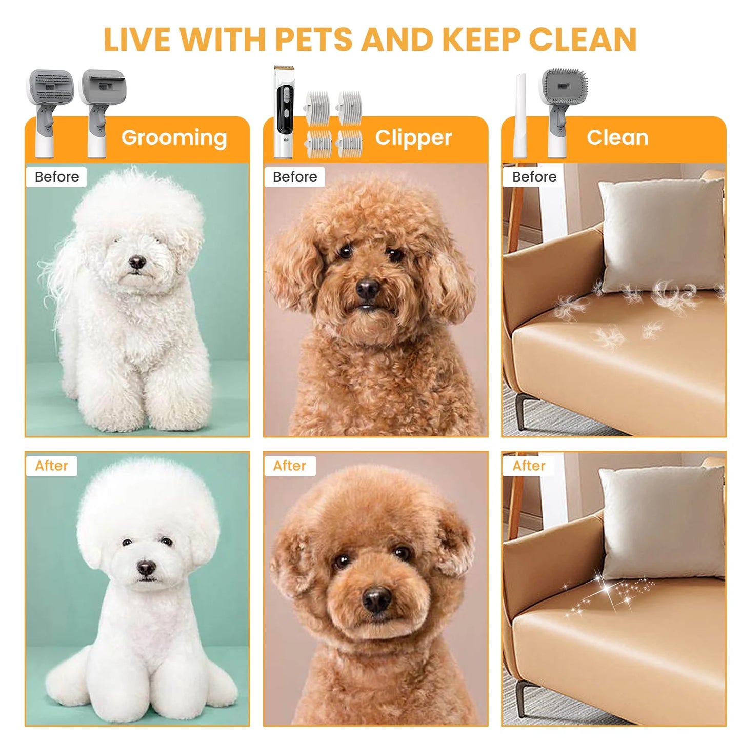 Pet Grooming Vacuum for Dogs & Cats, 13000Pa Suction, 5-In-1 Grooming Kit with Low Noise, 2.5L Dust Cup, Wireless Clippers, Deshedding Brush – Professional At-Home Pet Hair Cleaner