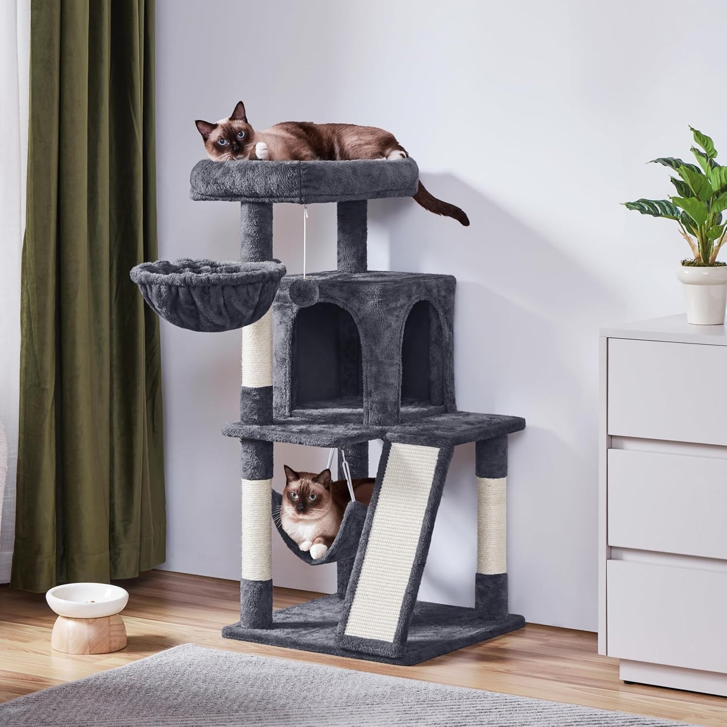 Cat Tree Tower, 40-Inch Condo with Hammock, Oversized Soft Platform, Scratching Board, Basket, Pet Beds & Furniture for Large Kittens, Dark Gray