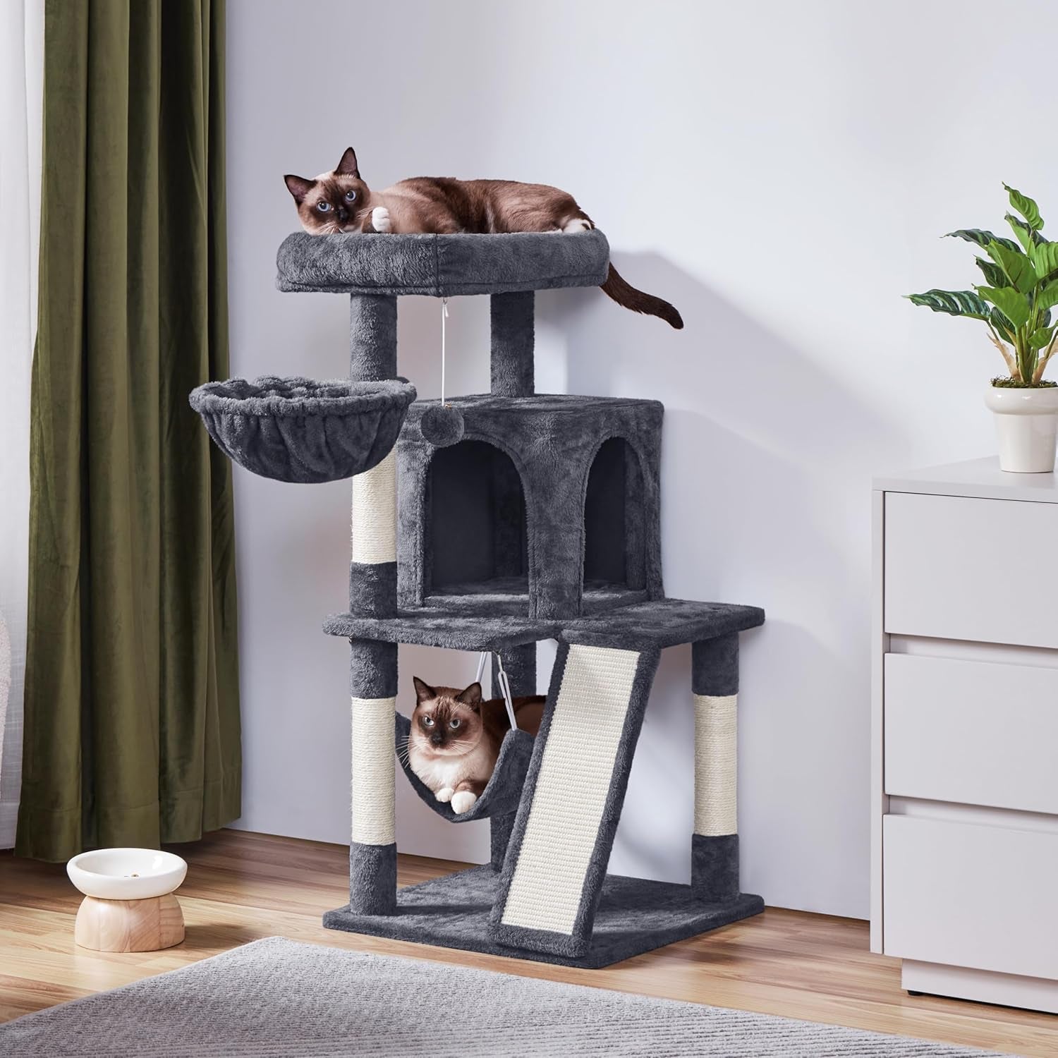 Cat Tree Tower, 40-Inch Condo with Hammock, Oversized Soft Platform, Scratching Board, Basket, Pet Beds & Furniture for Large Kittens, Dark Gray