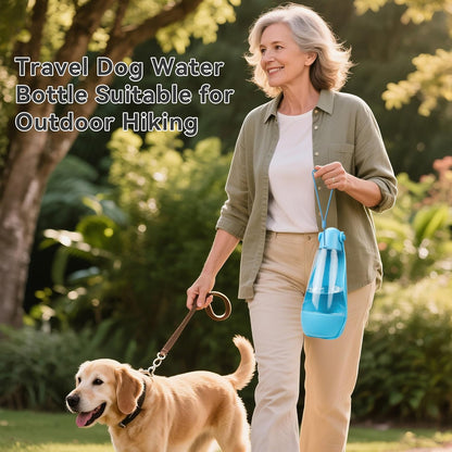 Dog Water Bottle | Portable & Foldable Dog Water Bottle | 3-In-1 Portable Pet Water Dispenser with Food Container & Poop Scooper for Outdoor Walking, Hiking & Travel,14.2Oz(Blue)