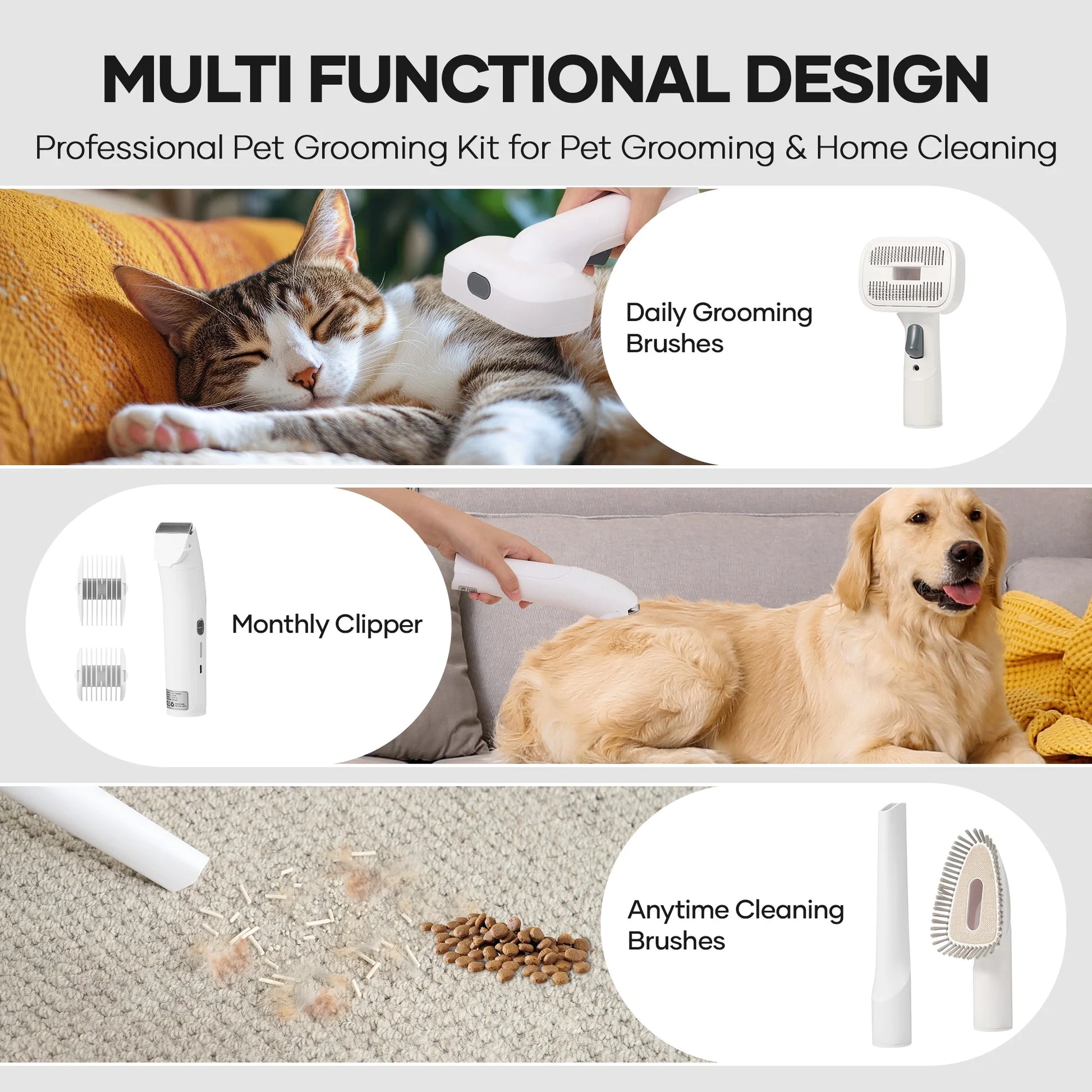 Pet Grooming Vaccum Kit, 5 in 1 Groom Kit for Dog/Cat ,With 6 Tools, 2L Large Dust Bin, 3 Sunction Modes, White