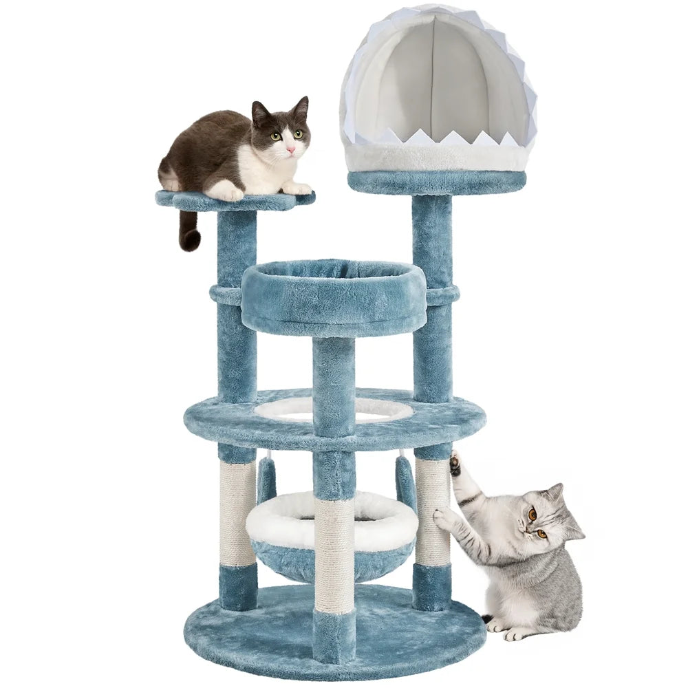 45''H Multi-Level Ocean-Themed Cat Tower with Scratching Posts & Hammock, Blue